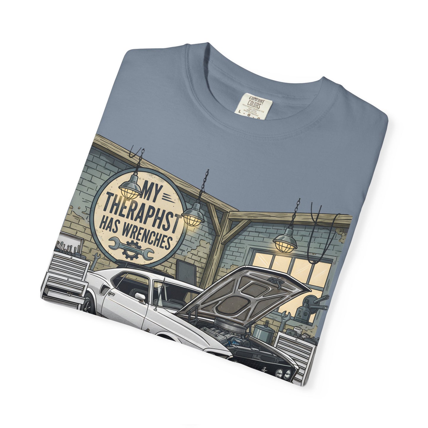 Mechanic Garage T‑Shirt — “My Therapist Has Wrenches” Vintage Car Tee