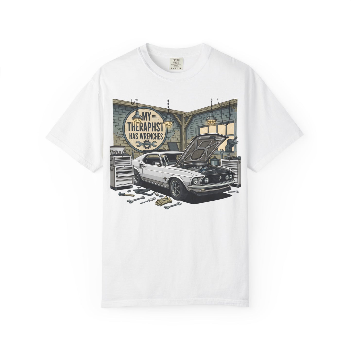 Mechanic Garage T‑Shirt — “My Therapist Has Wrenches” Vintage Car Tee
