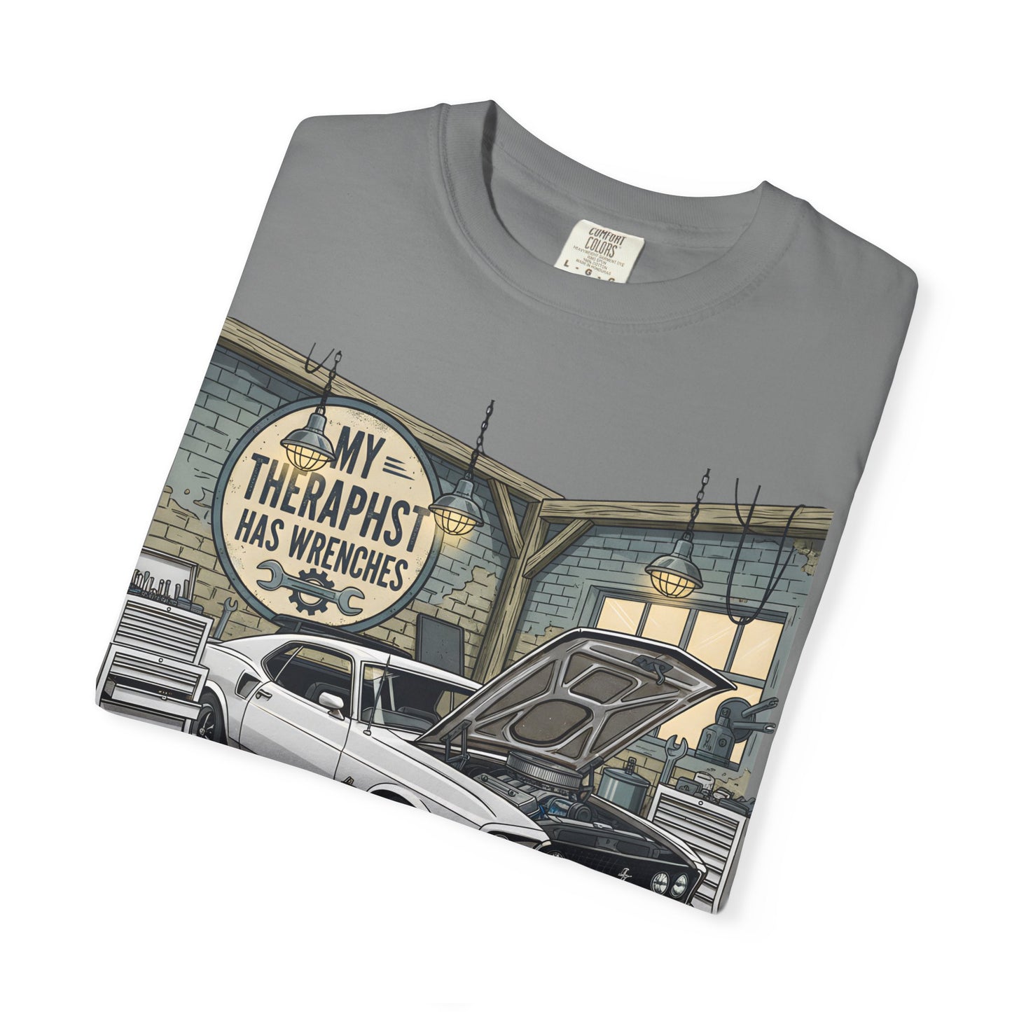Mechanic Garage T‑Shirt — “My Therapist Has Wrenches” Vintage Car Tee