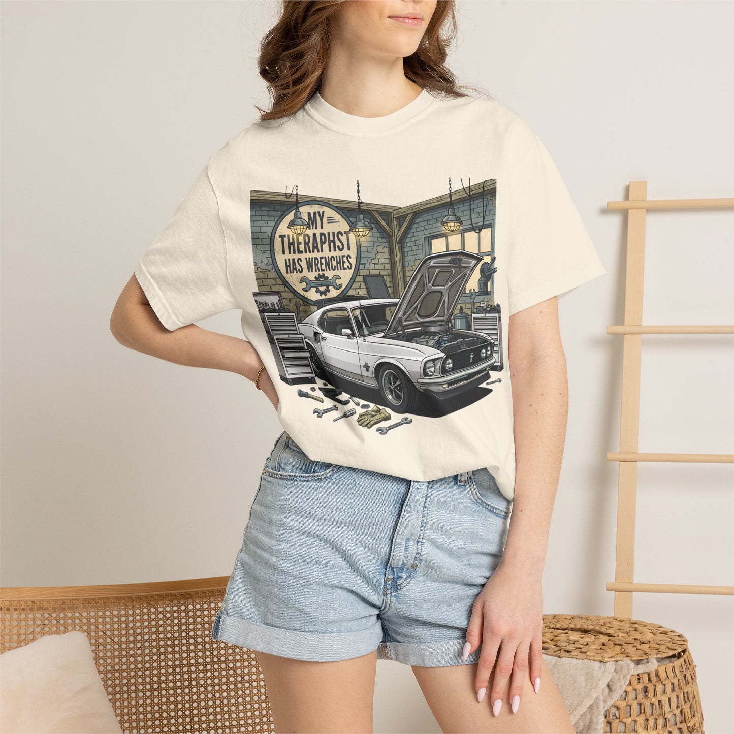 Mechanic Garage T‑Shirt — “My Therapist Has Wrenches” Vintage Car Tee
