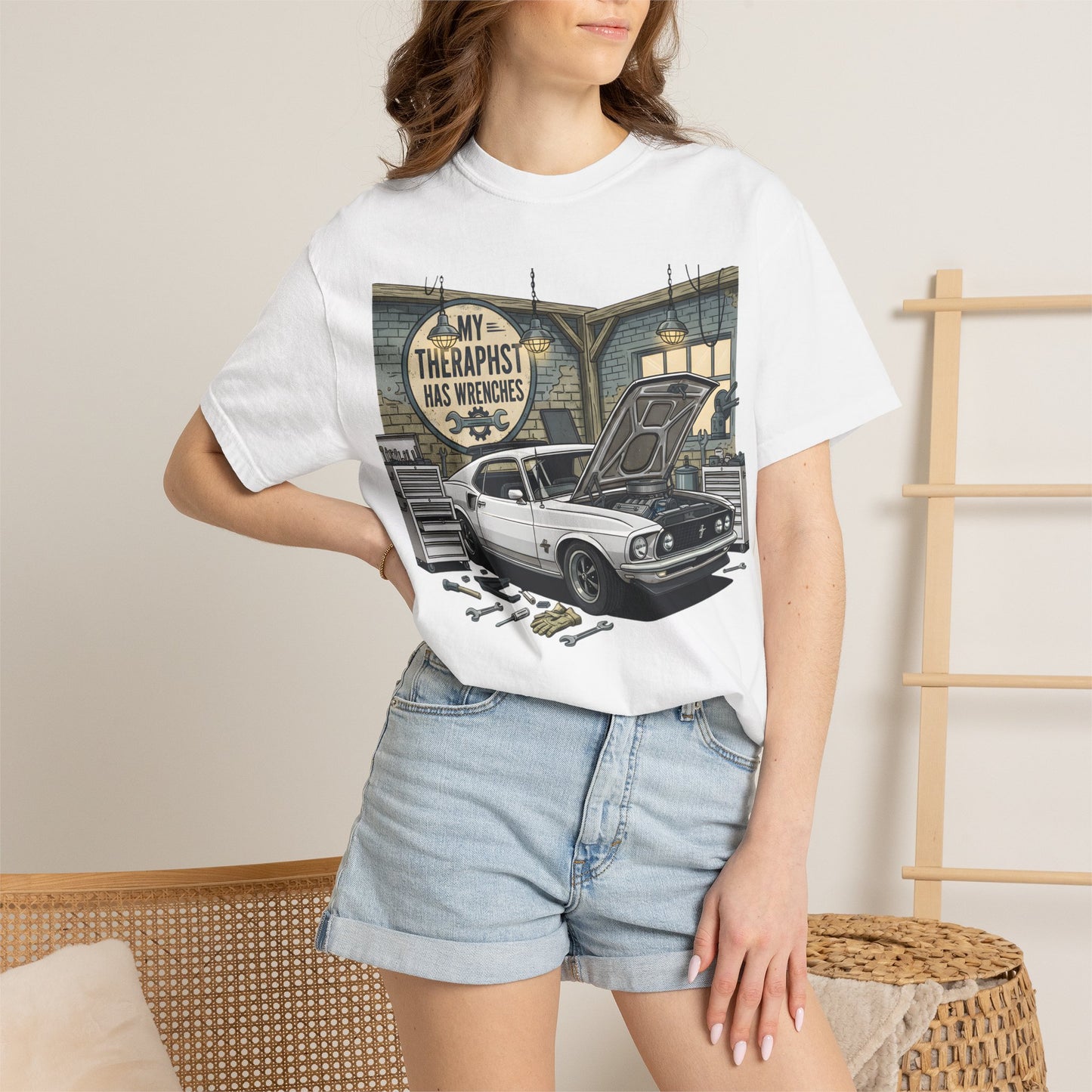 Mechanic Garage T‑Shirt — “My Therapist Has Wrenches” Vintage Car Tee