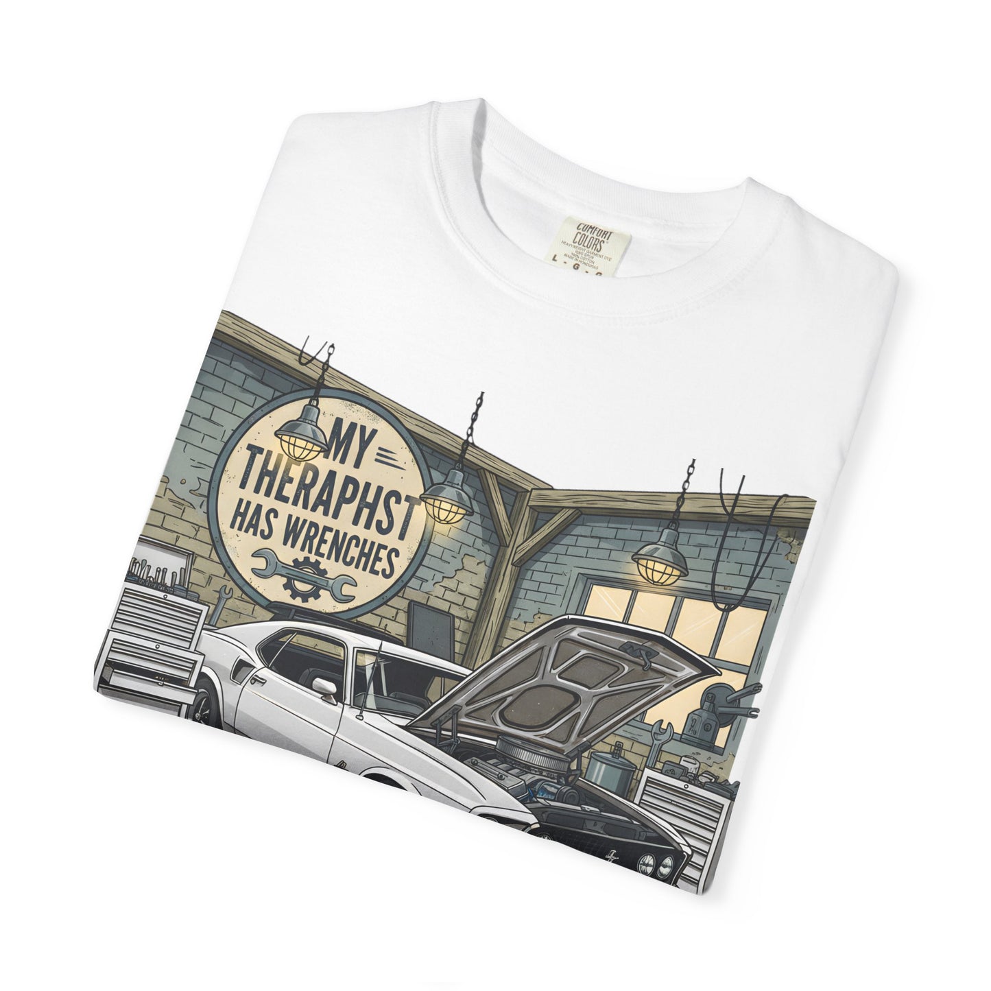 Mechanic Garage T‑Shirt — “My Therapist Has Wrenches” Vintage Car Tee