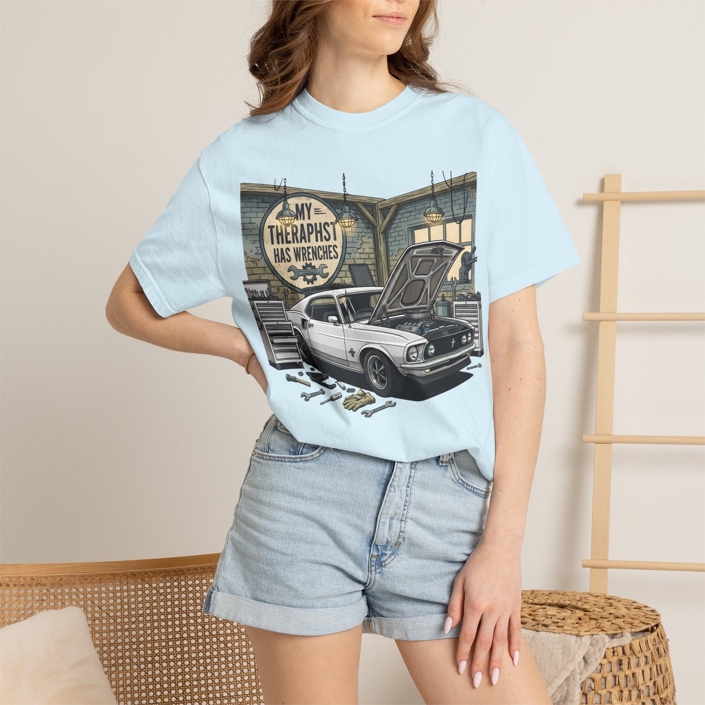 Mechanic Garage T‑Shirt — “My Therapist Has Wrenches” Vintage Car Tee