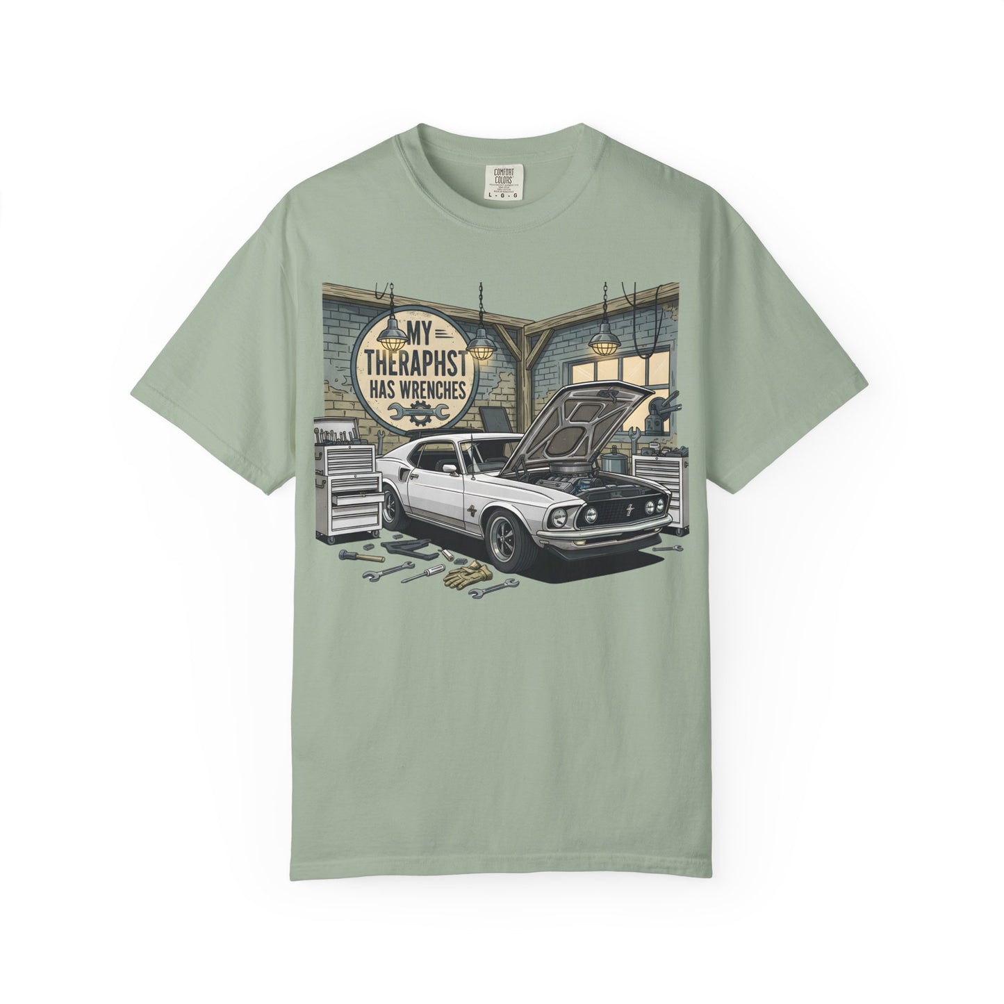 Mechanic Garage T‑Shirt — “My Therapist Has Wrenches” Vintage Car Tee