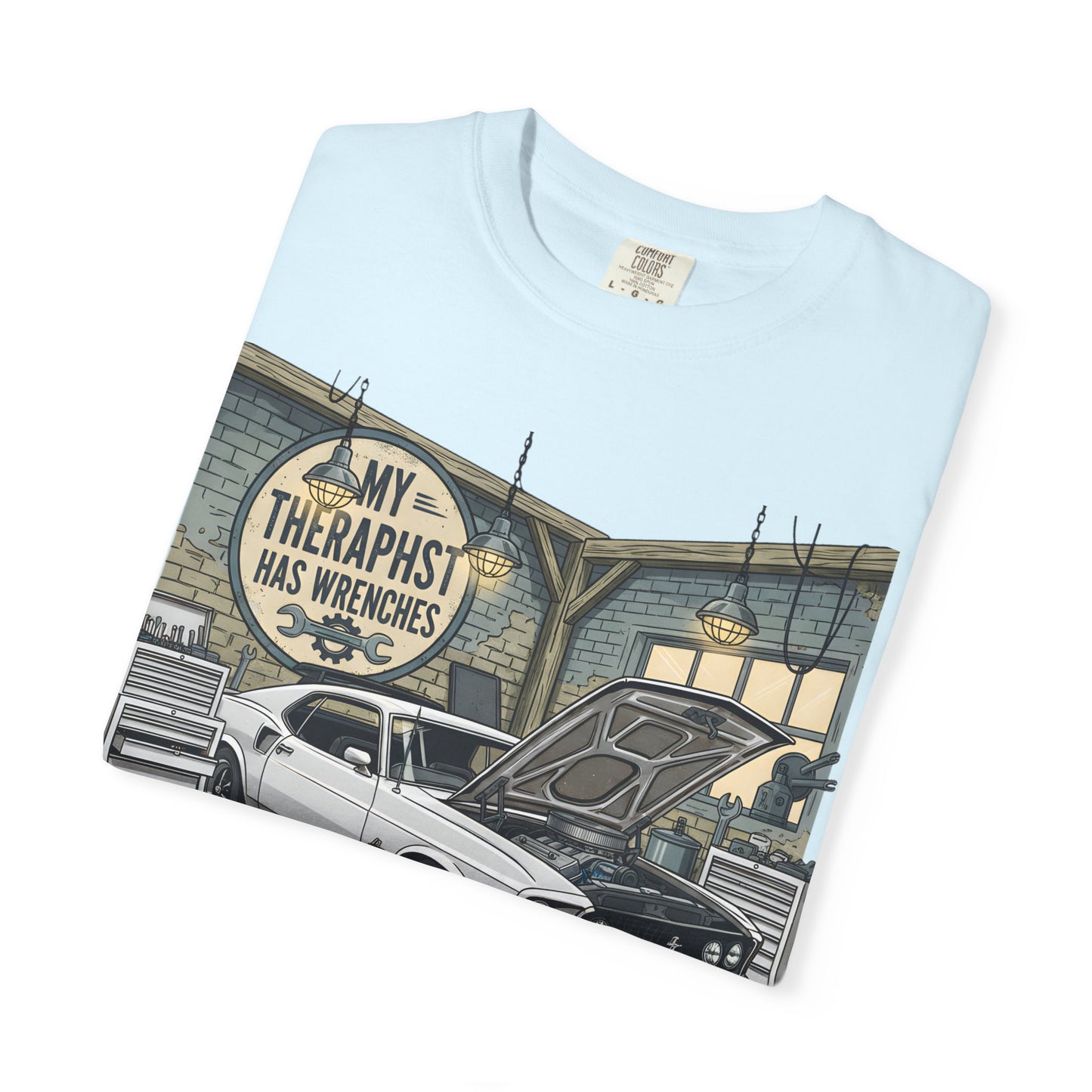 Mechanic Garage T‑Shirt — “My Therapist Has Wrenches” Vintage Car Tee