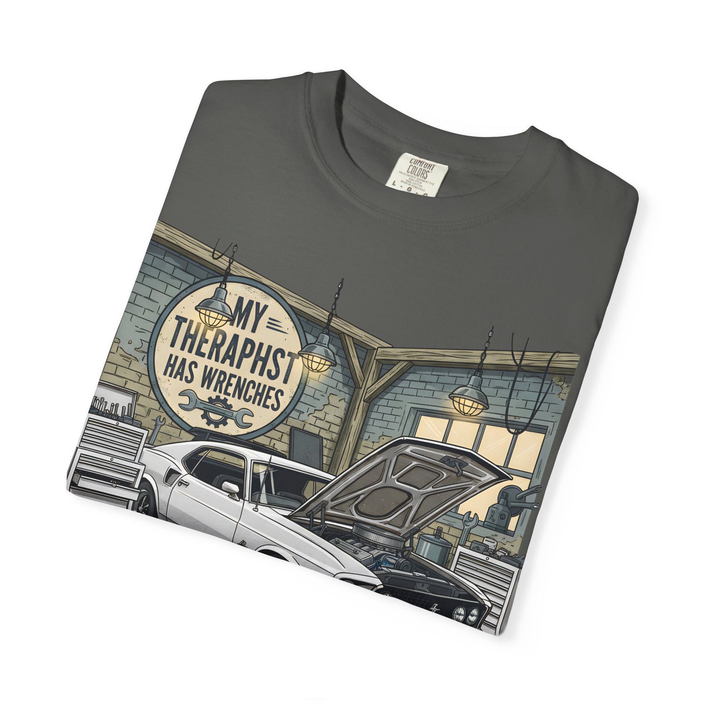 Mechanic Garage T‑Shirt — “My Therapist Has Wrenches” Vintage Car Tee