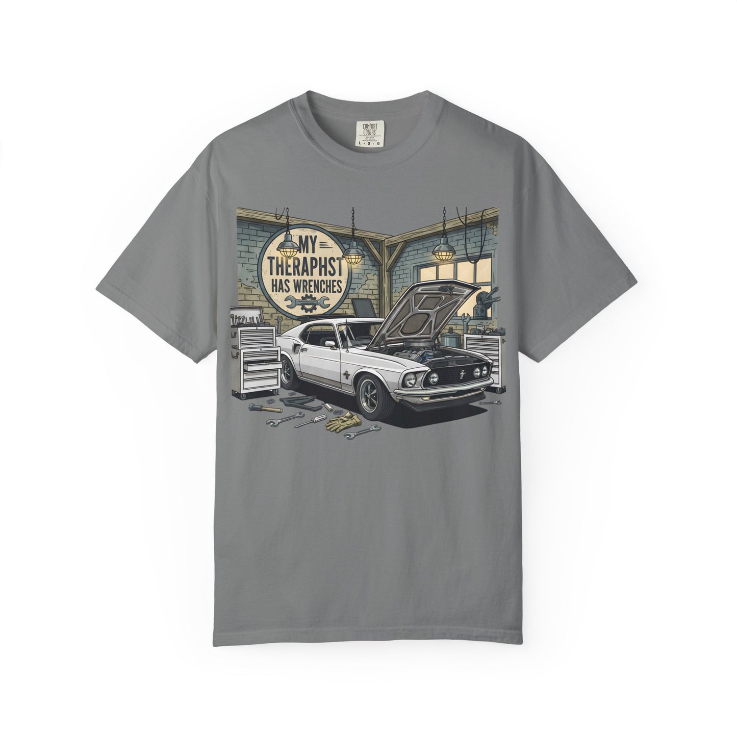 Mechanic Garage T‑Shirt — “My Therapist Has Wrenches” Vintage Car Tee