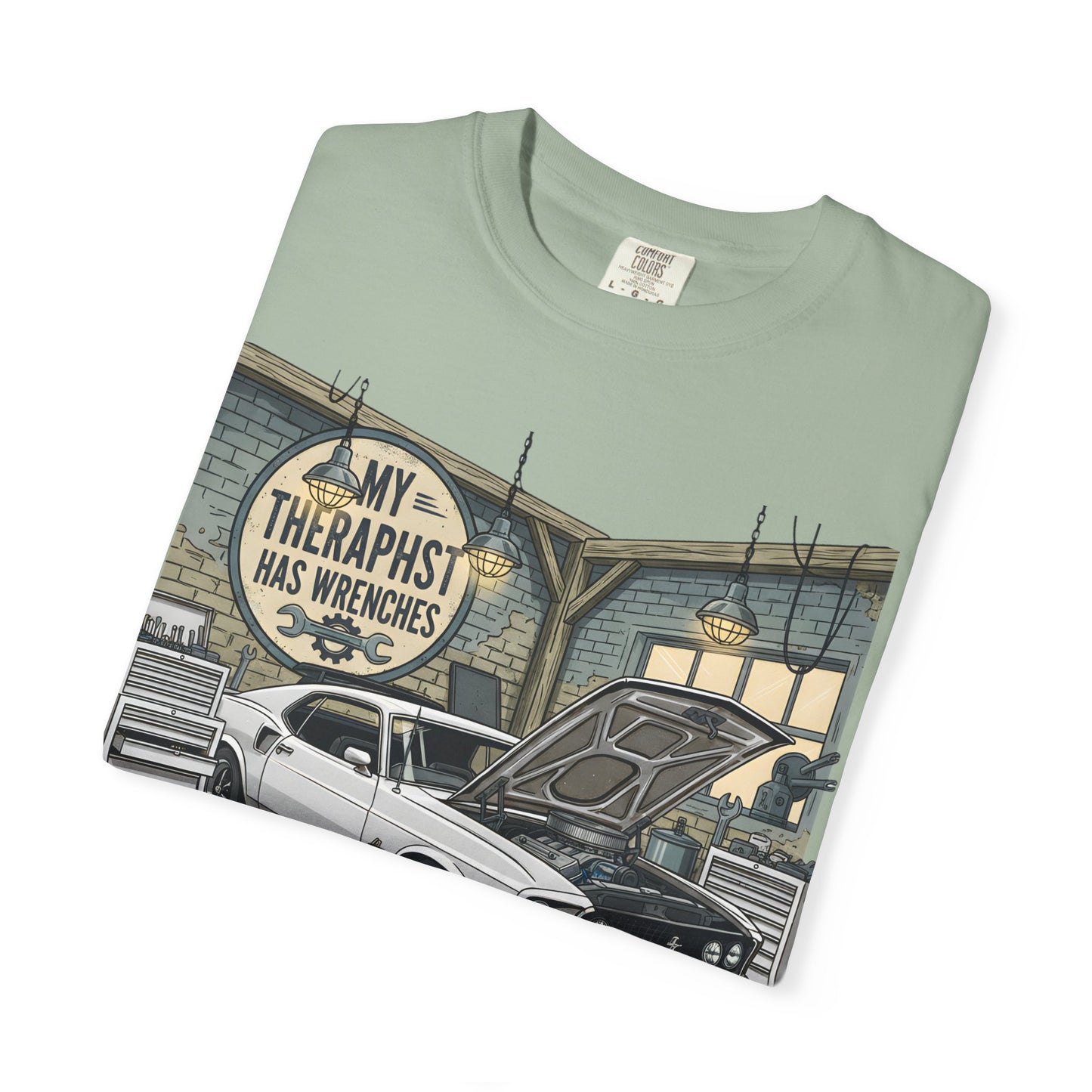 Mechanic Garage T‑Shirt — “My Therapist Has Wrenches” Vintage Car Tee