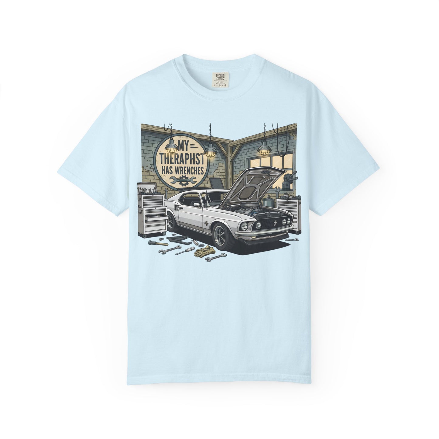 Mechanic Garage T‑Shirt — “My Therapist Has Wrenches” Vintage Car Tee
