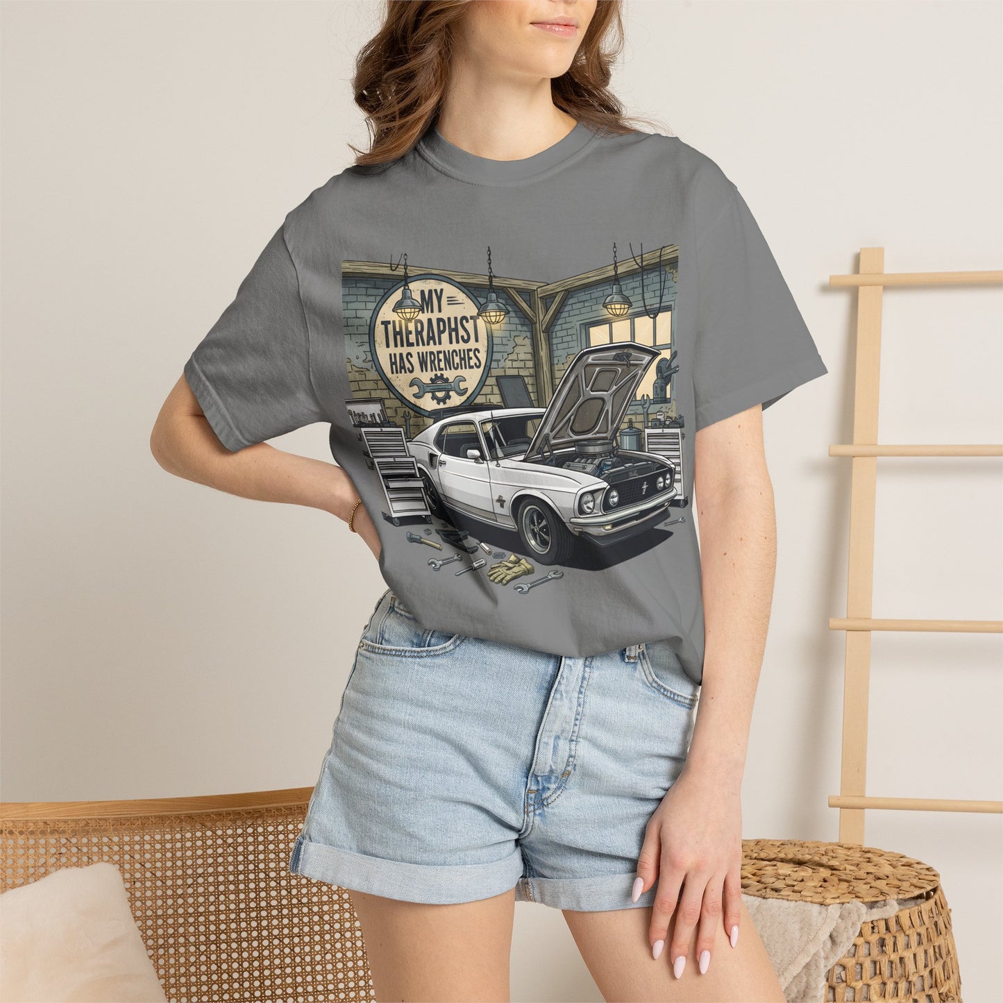 Mechanic Garage T‑Shirt — “My Therapist Has Wrenches” Vintage Car Tee