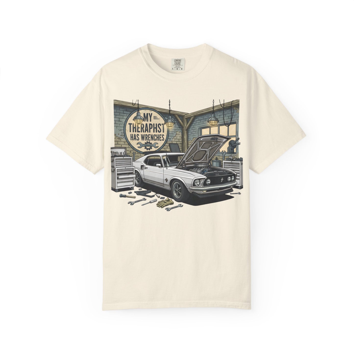 Mechanic Garage T‑Shirt — “My Therapist Has Wrenches” Vintage Car Tee