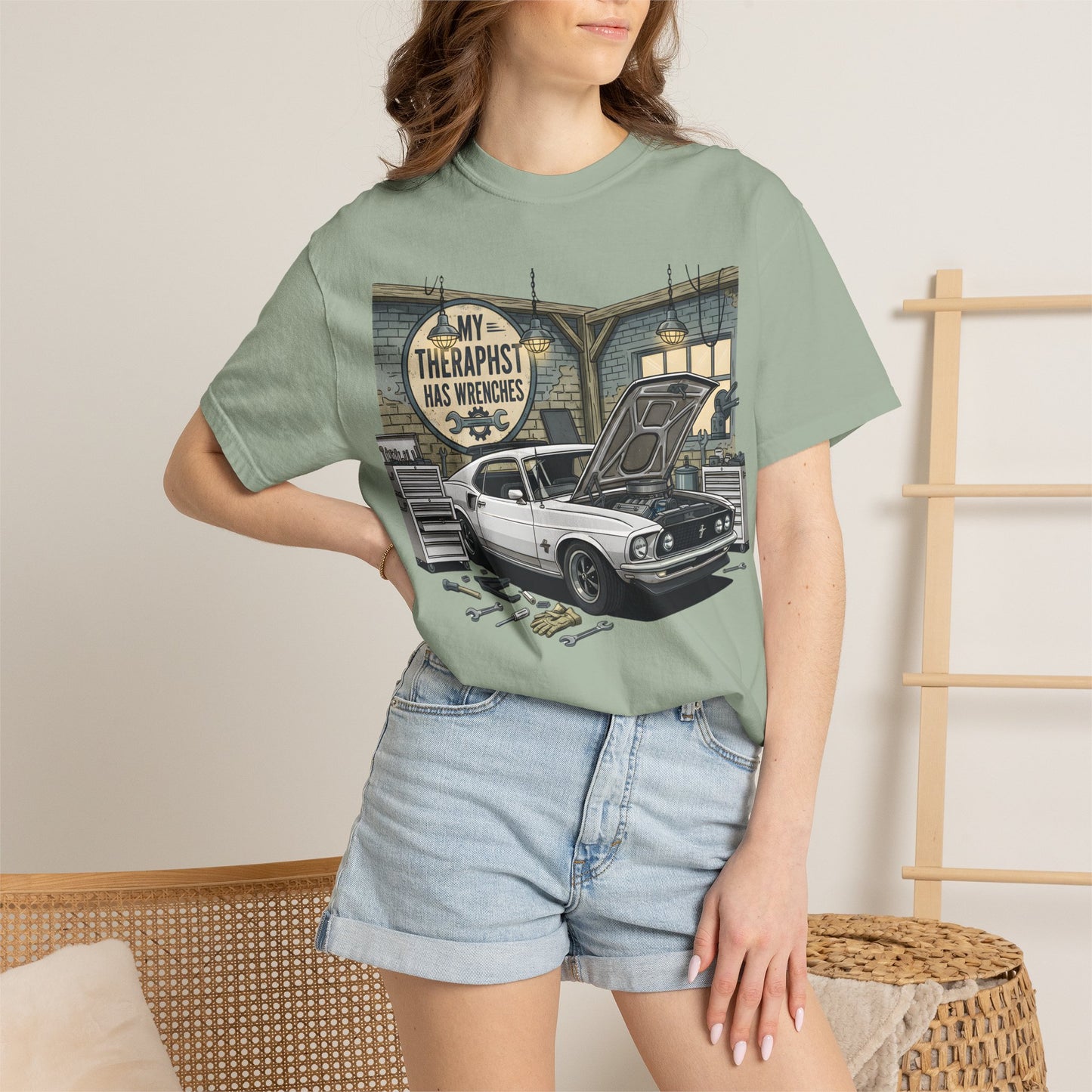 Mechanic Garage T‑Shirt — “My Therapist Has Wrenches” Vintage Car Tee