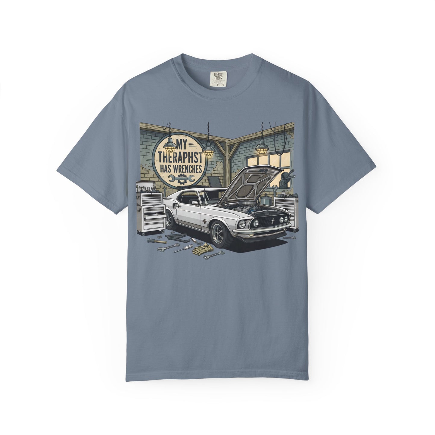 Mechanic Garage T‑Shirt — “My Therapist Has Wrenches” Vintage Car Tee