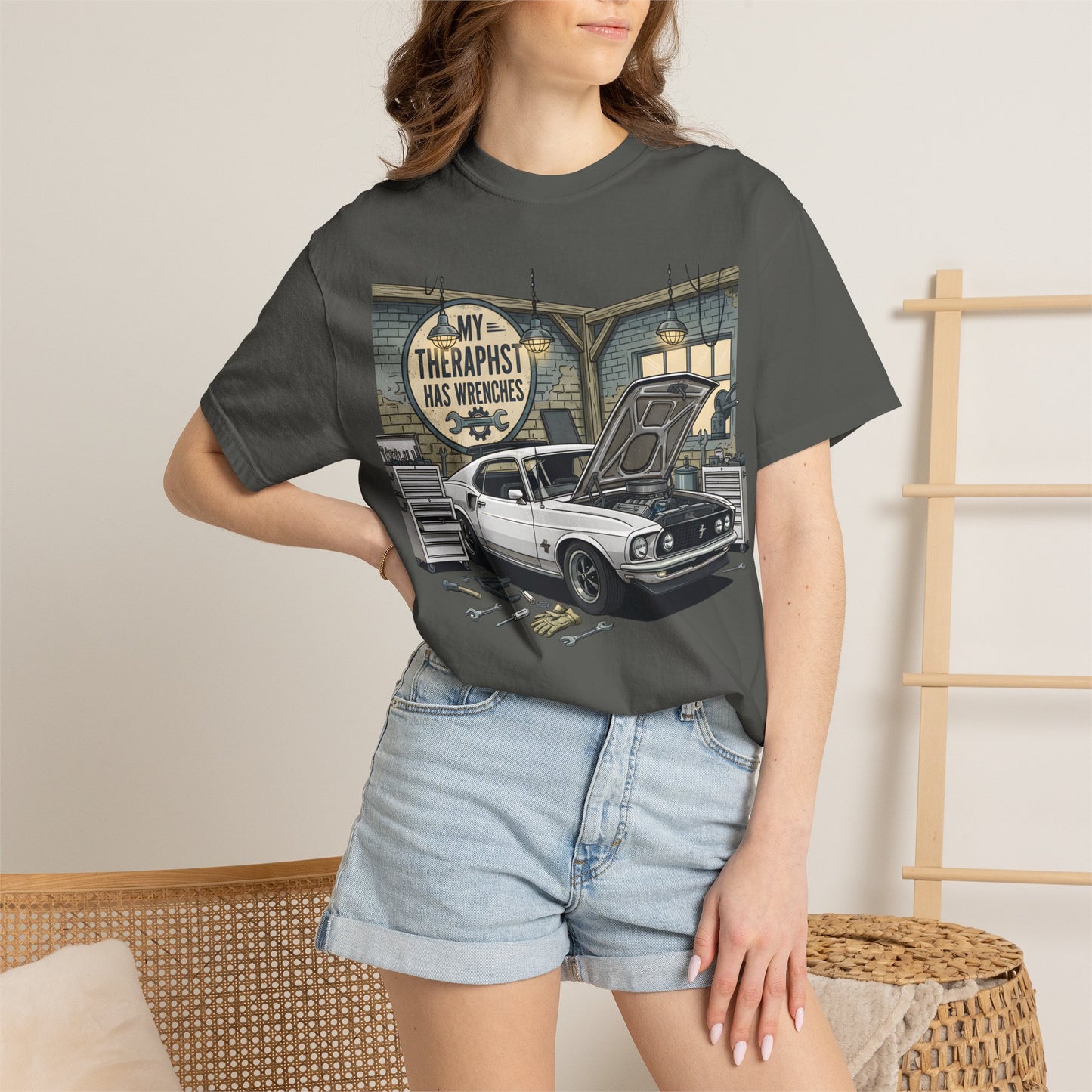 Mechanic Garage T‑Shirt — “My Therapist Has Wrenches” Vintage Car Tee