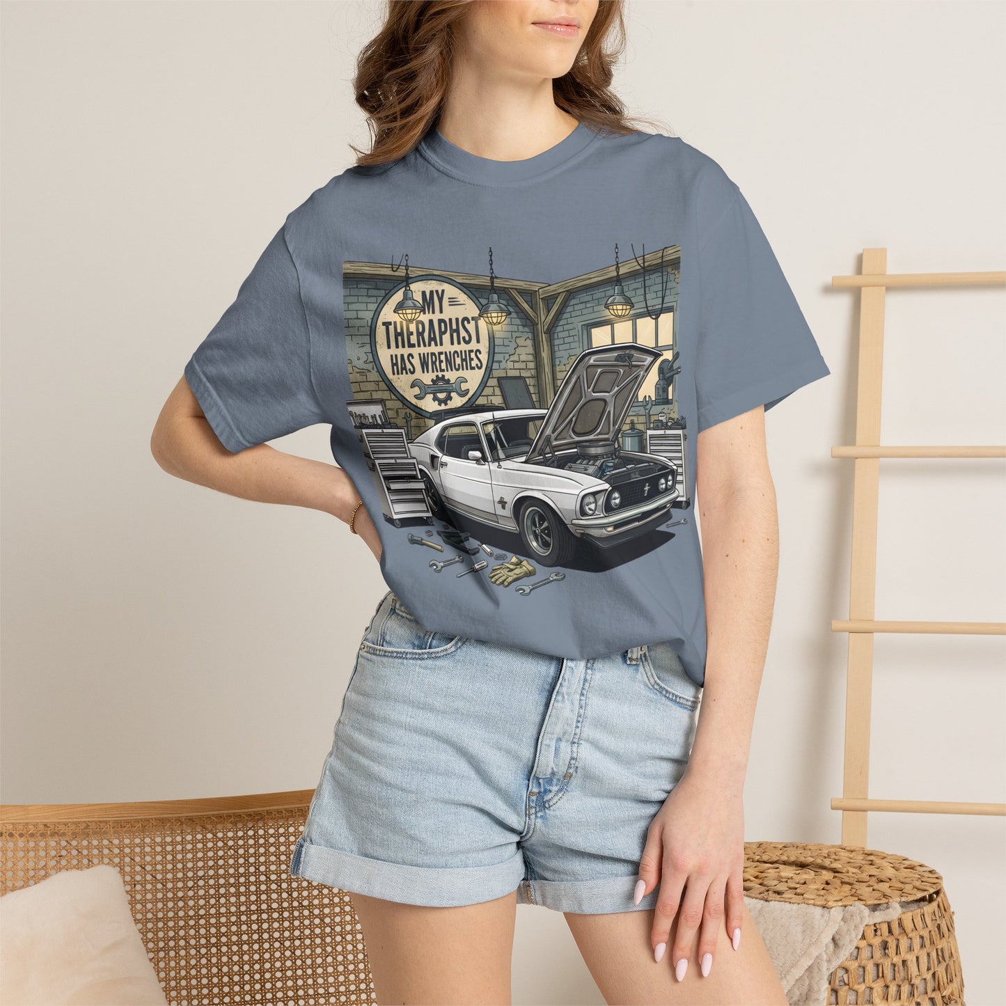 Mechanic Garage T‑Shirt — “My Therapist Has Wrenches” Vintage Car Tee