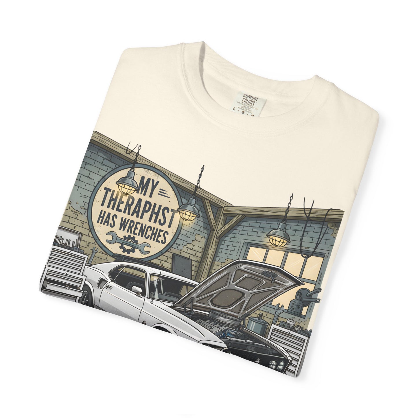 Mechanic Garage T‑Shirt — “My Therapist Has Wrenches” Vintage Car Tee