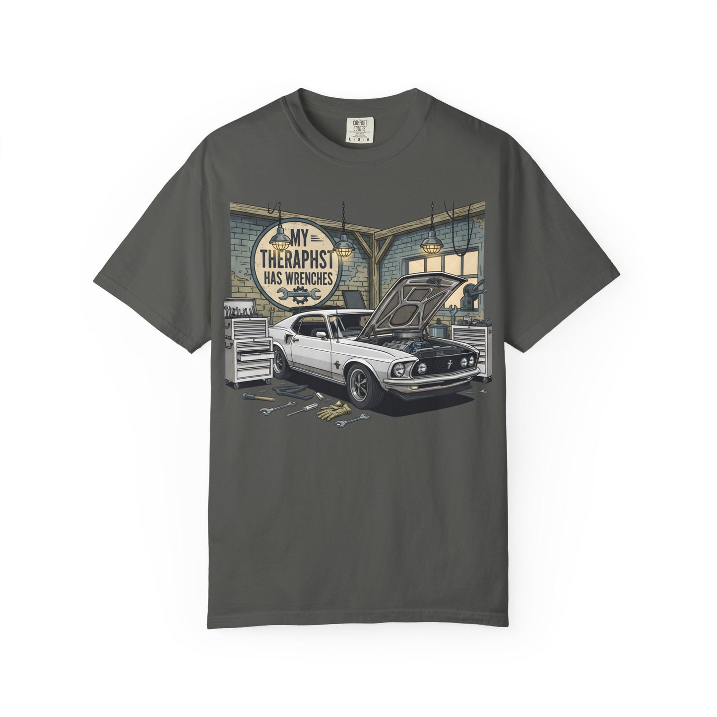 Mechanic Garage T‑Shirt — “My Therapist Has Wrenches” Vintage Car Tee
